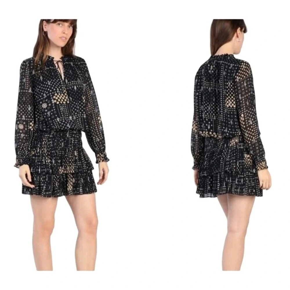 Current‎ Air Black Gold Silver Star  Smocked Metallic Mini Dress sz L